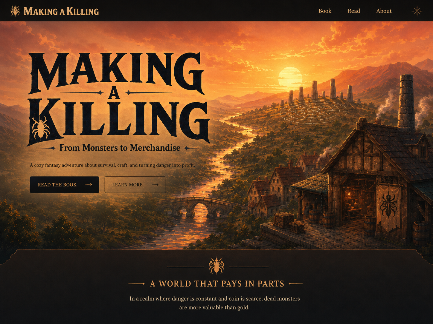 Making a Killing fantasy homepage showing a sunset valley, stone circle, river, village and monster-processing workshop.